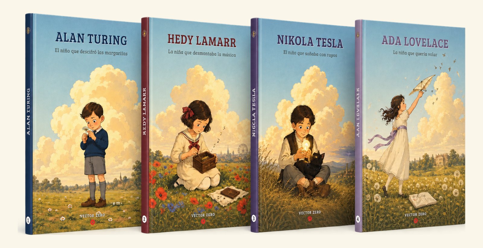 Los cuatro primeros tomos de la colección en fila: Alan Turing, Hedy Lamarr, Nikola Tesla y Ada Lovelace