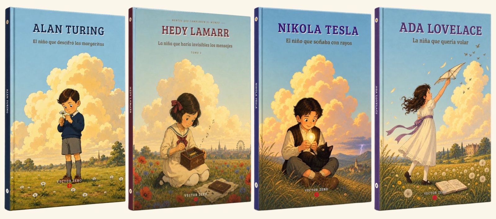 Los cuatro primeros tomos de la colección en fila: Alan Turing, Hedy Lamarr, Nikola Tesla y Ada Lovelace