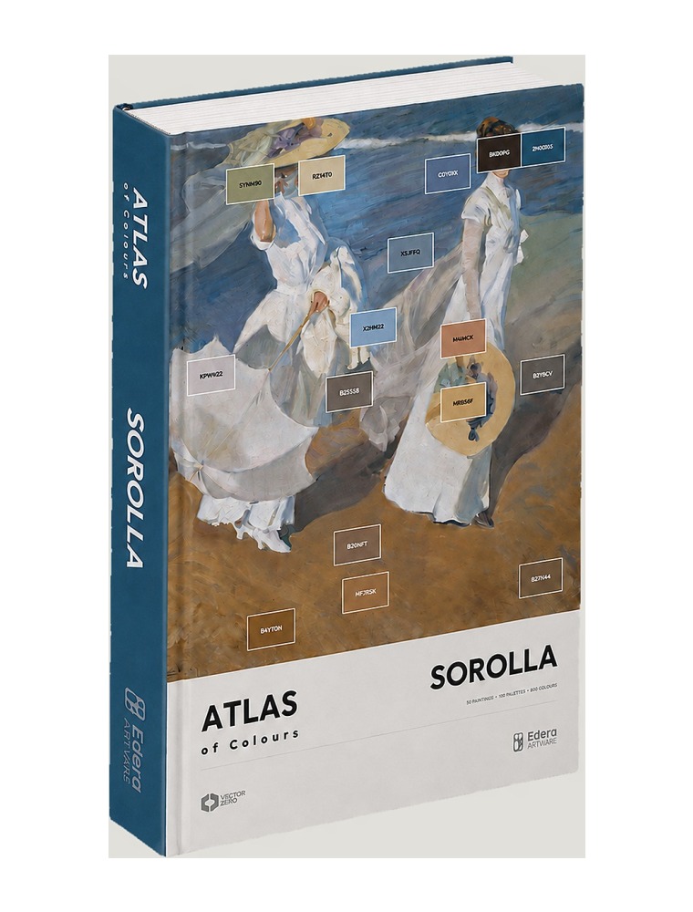 Render of the ATLAS of Colours Sorolla book standing: on the cover, a Sorolla painting with code labels over the measured colours