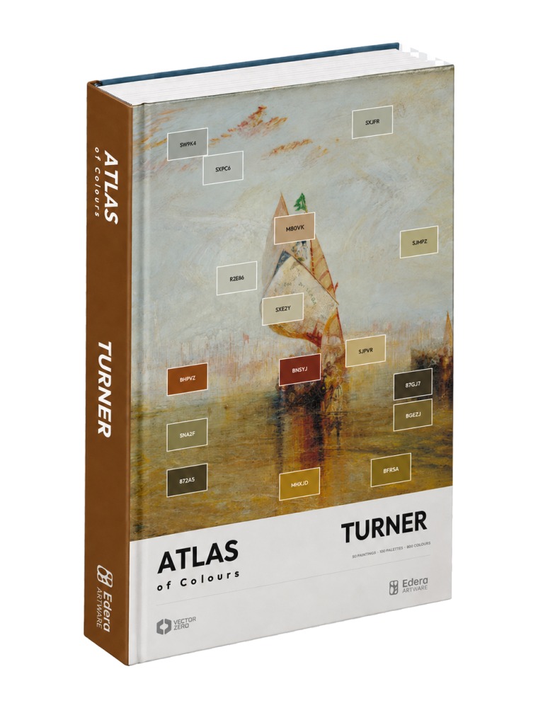 Render del libro ATLAS of Colours Turner de pie: en la cubierta, una pintura de Turner con etiquetas de código sobre los colores medidos