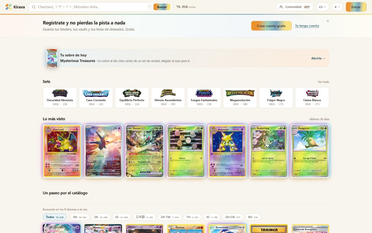 Kirava home page, a Pokémon TCG card search engine