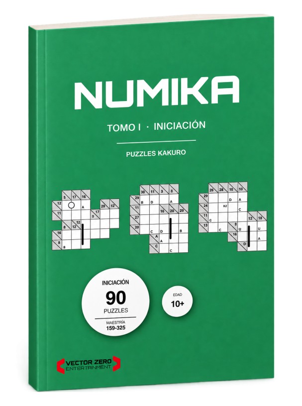 Portada de NUMIKA Tomo I, Iniciación: cubierta verde con tres rejillas de kakuro de formas irregulares