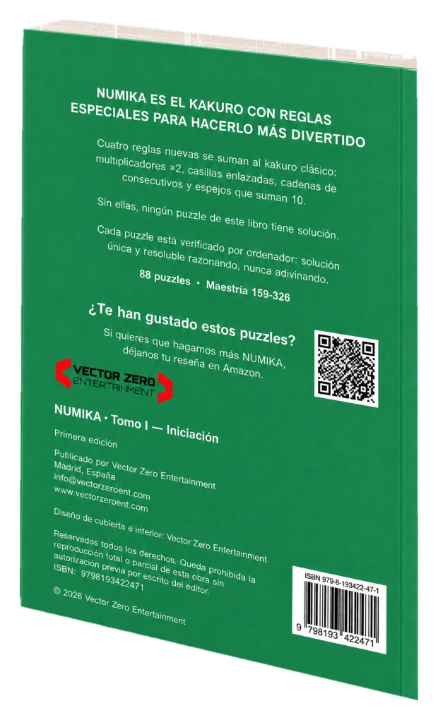 Contraportada de NUMIKA Tomo I: texto de las cuatro reglas especiales, 88 puzzles, código QR y código de barras con el ISBN