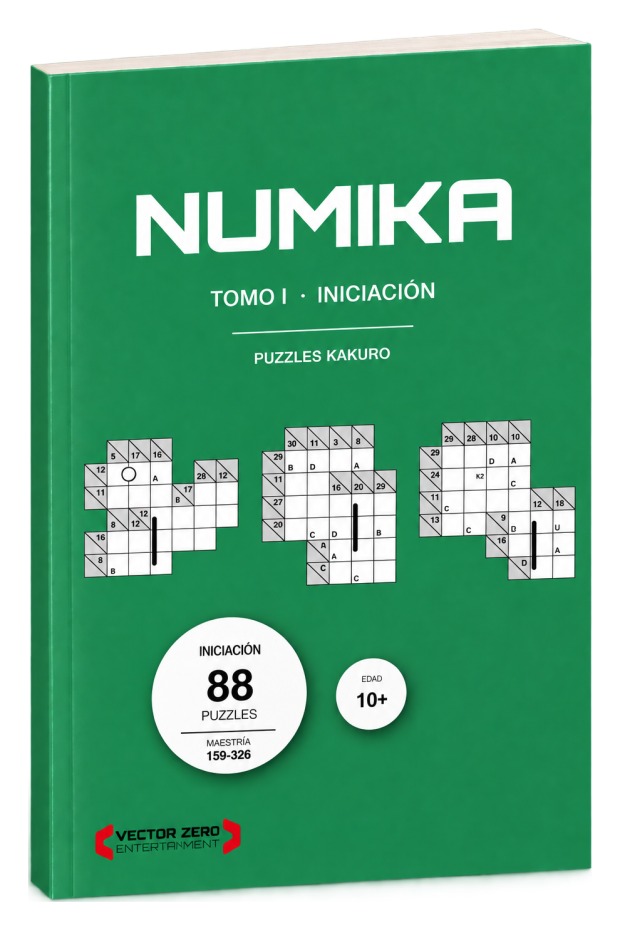 Portada de NUMIKA Tomo I, Iniciación: cubierta verde con tres rejillas de kakuro de formas irregulares