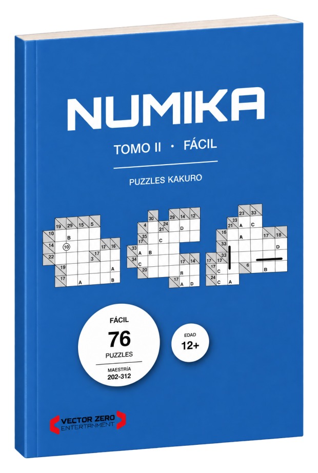 Cover of NUMIKA Volume II, Easy: blue cover with three irregularly shaped kakuro grids and the 76-puzzle badge
