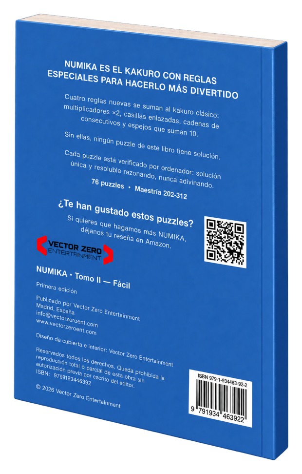 Contraportada de NUMIKA Tomo II: texto de las cuatro reglas especiales, 76 puzzles, código QR y código de barras