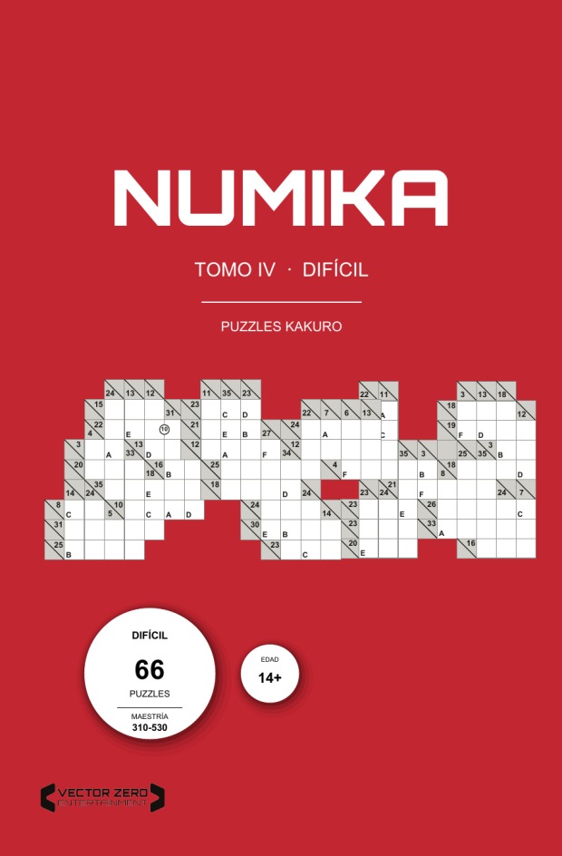Portada de NUMIKA Tomo IV, Difícil: cubierta roja con rejillas de kakuro de formas irregulares y el sello de 66 puzzles